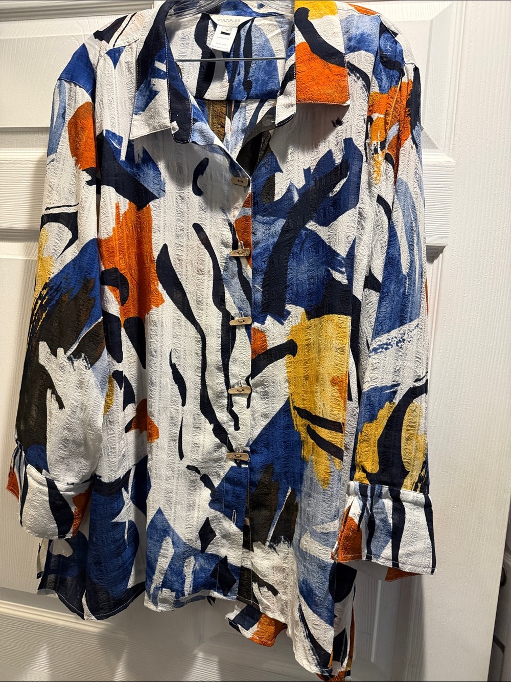 Multiples Abstract Button-Front Tunic in White, Blue, Orange, Yellow